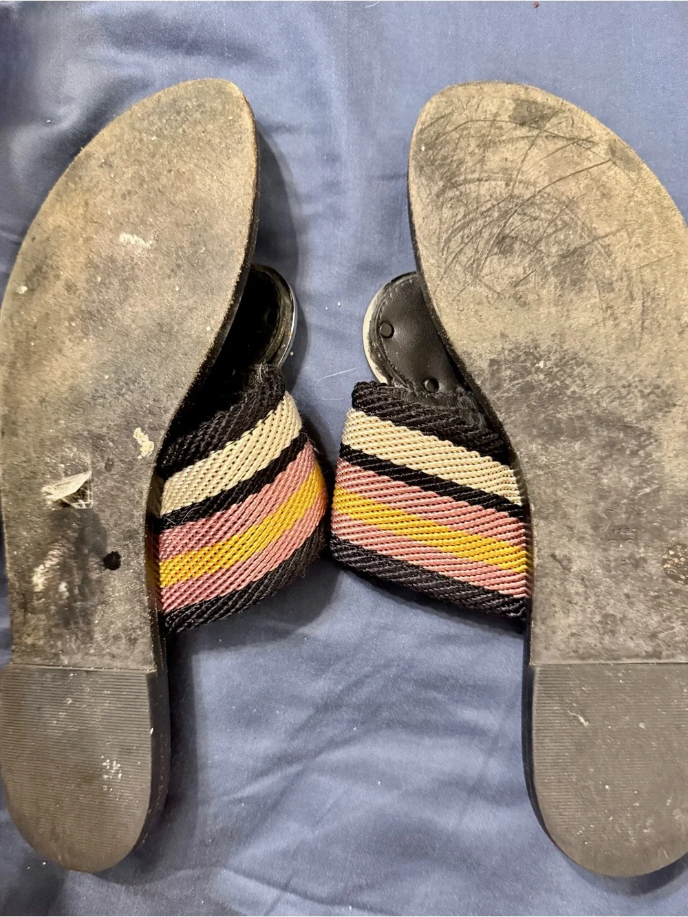 Tory Burch Multicolor Striped Leather Slide Sandals with Gold Medallion